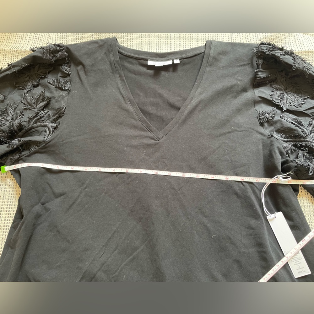 Chicos 3D Floral Applique Sleeve Tee V-Neck Black - Picture 9 of 12